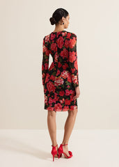 Roshni Mesh Floral Midi Dress - Black/Multi