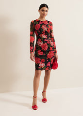 Roshni Mesh Floral Midi Dress - Black/Multi