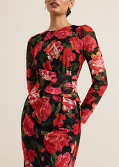 Roshni Mesh Floral Midi Dress - Black/Multi