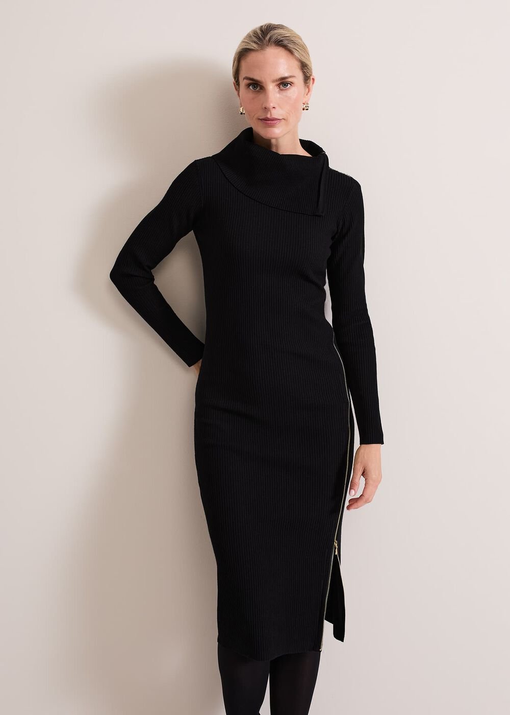Hartley Zip Ribbed Column Dress - Black