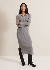 Lucy Collared Popper Column Midi Dress - Grey