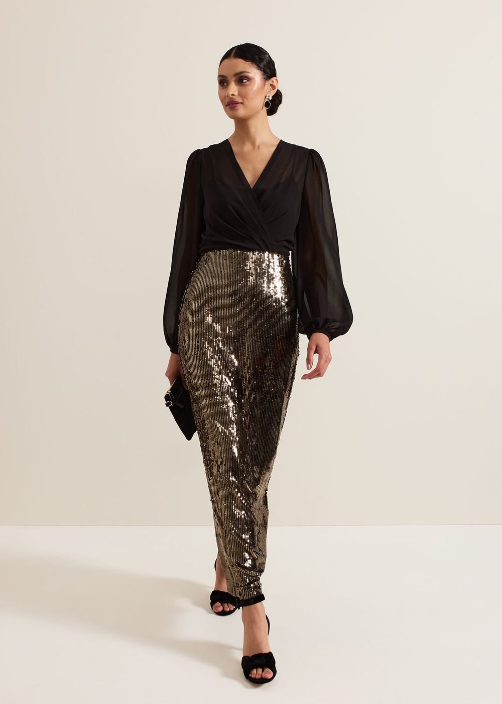 Aniya Sequin Long Sleeved Maxi Dress - Black/Multi