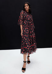 Lela Floral Textured Midi Dress - Black/Multi