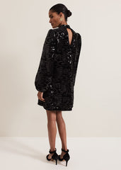 Trudy Black Sequin Velvet Shift Dress - Black