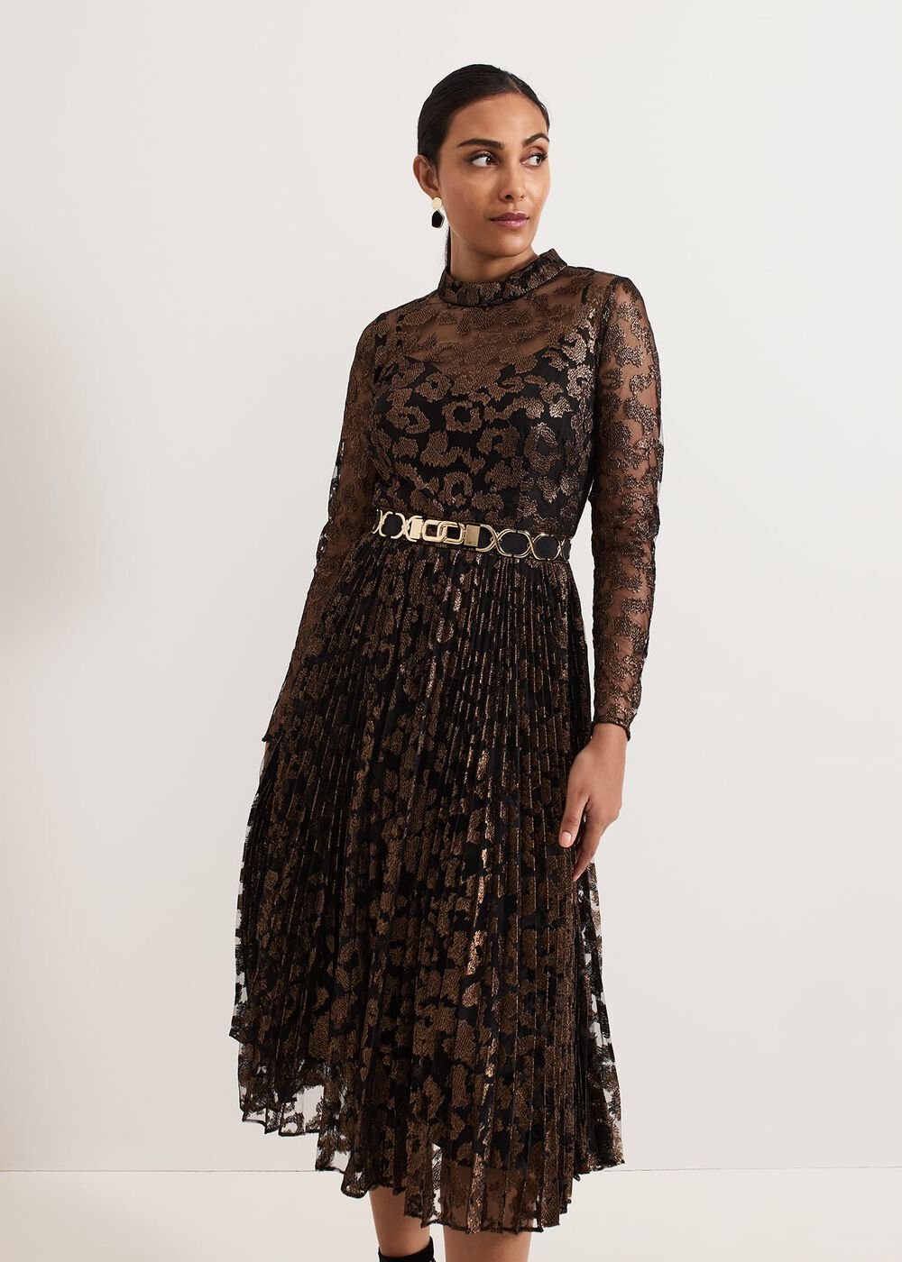 Petite Theodora Leopard Pleat Midi Dress - Multi-Coloured