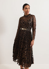 Petite Theodora Leopard Pleat Midi Dress - Multi-Coloured
