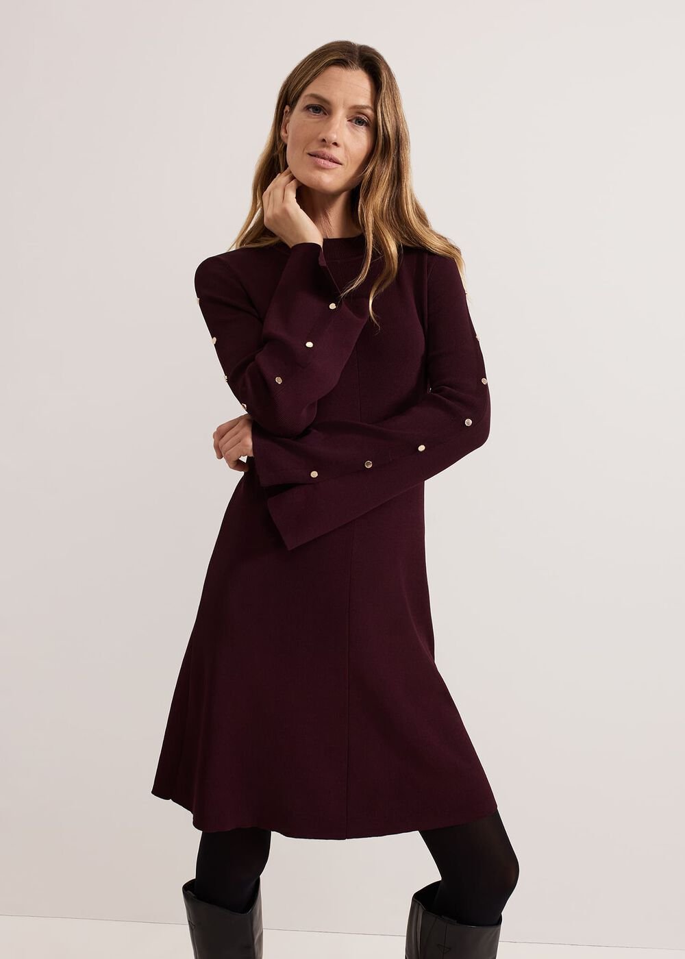 Romy Studd Sleeve Knit Shift Dress - Burgundy