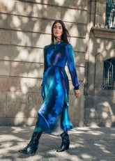 Women's Bright Blue Pleated Midi Dress - Multi-Coloured