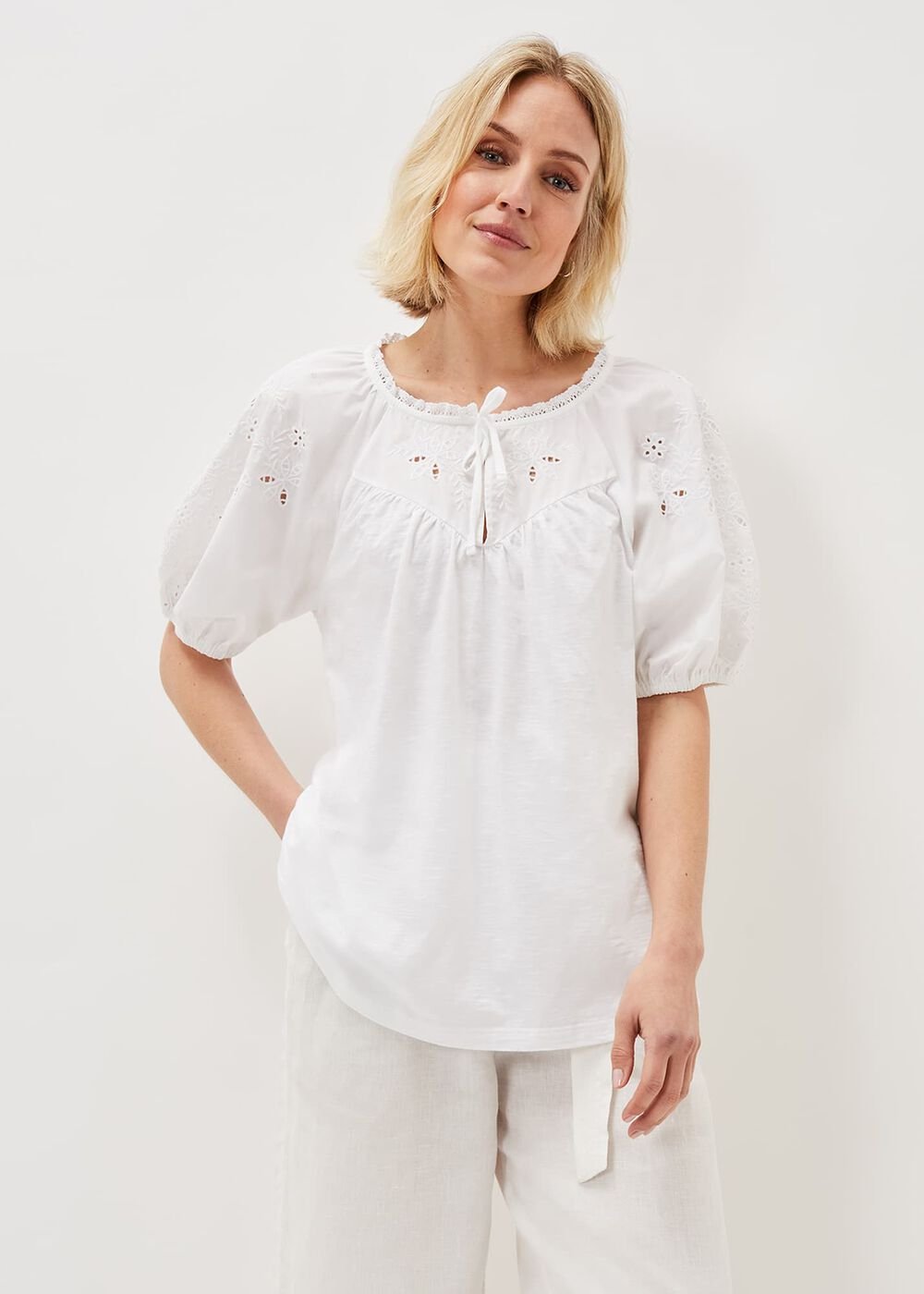 Floella Embroidered Sleeve Jersey Top - White