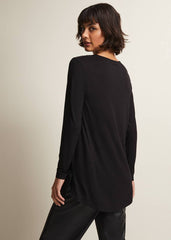 Black Tunic Top with V-Neck Zip Detail & Long Sleeves - Black
