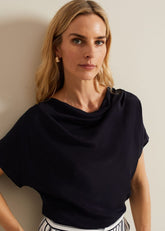 Cheryl Cowl Neck Woven Front Top - Navy