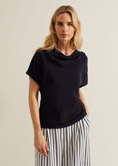 Cheryl Cowl Neck Woven Front Top - Navy