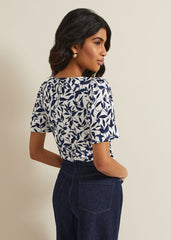 Nayana Leaf Print Top - Navy/White