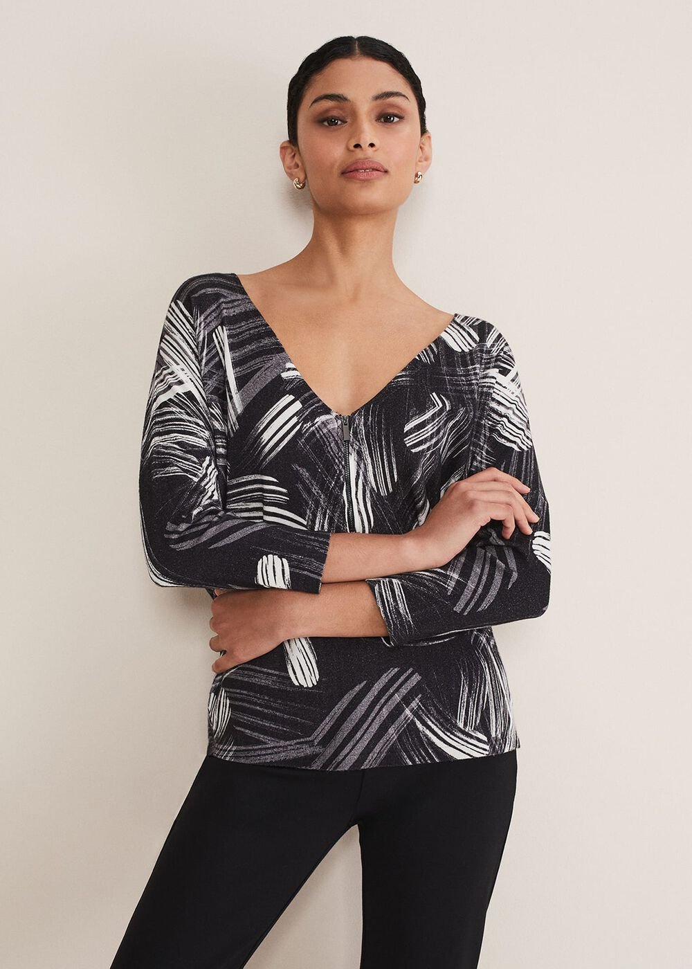 Adara Linear Zip Neck Print Jumper - Black/Multi
