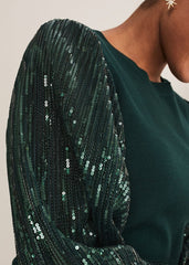 Everley Sequin Sleeve Top - Dark Green