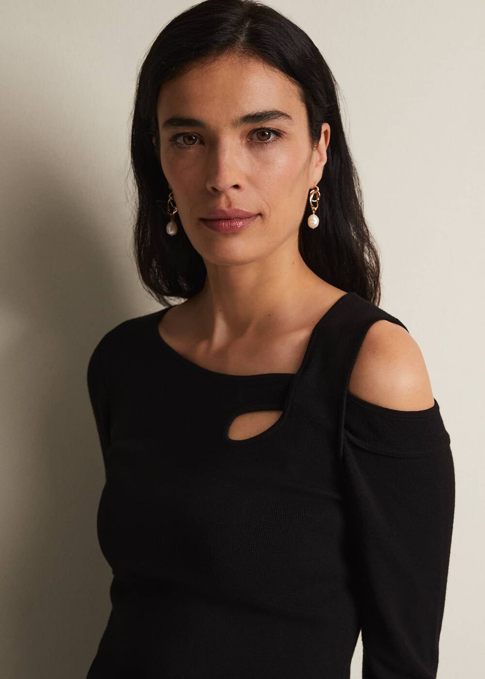Black Long Sleeve Knit Top with Cut Out Front & Shoulder - Black