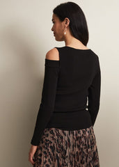 Black Long Sleeve Knit Top with Cut Out Front & Shoulder - Black