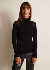 Amiee Sheer Cold Shoulder Knit Panel Top - Black