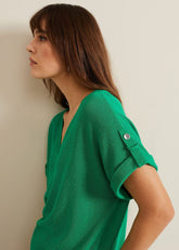 Laura Linen Metal Button Tab Top - Green
