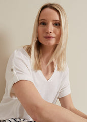 Laura Linen Metal Button Tab Top - White