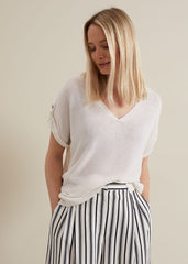 Laura Linen Metal Button Tab Top - White