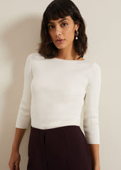 Tannah Ribbed Slash Neck Top - Ivory