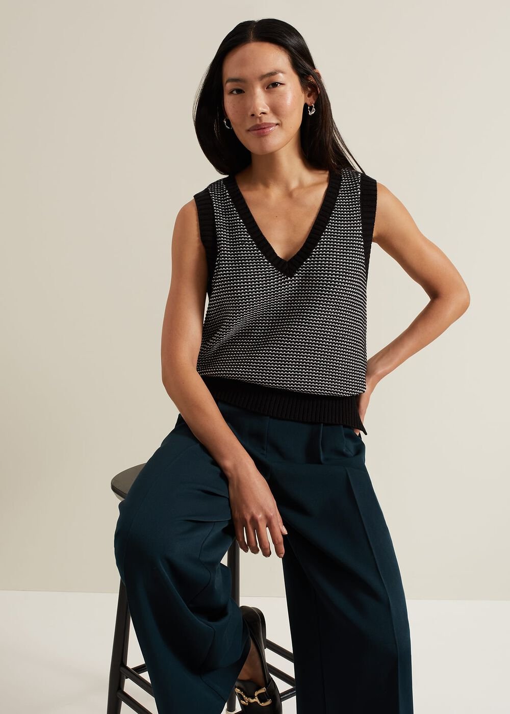 Zoe Tweed Knit Black Tank - Black/Ivory