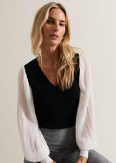 Maple V Neck Woven Sleeve Jumper - Black