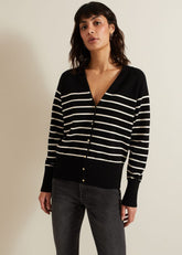 Nina V Neck Stripe Cardigan - Black/Ivory