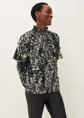 Daphne Floral Frill Blouse - Black
