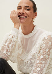 Coralina Embroidered Frill Blouse - Oyster