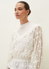 Coralina Embroidered Frill Blouse - Oyster