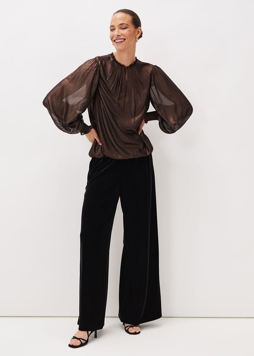 Zavia Metallic Foil Balloon Sleeve Blouse - Rose Gold