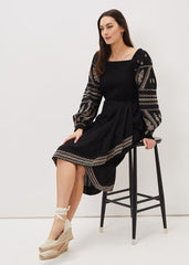 Debby Shirred Embroidered Blouse - Black