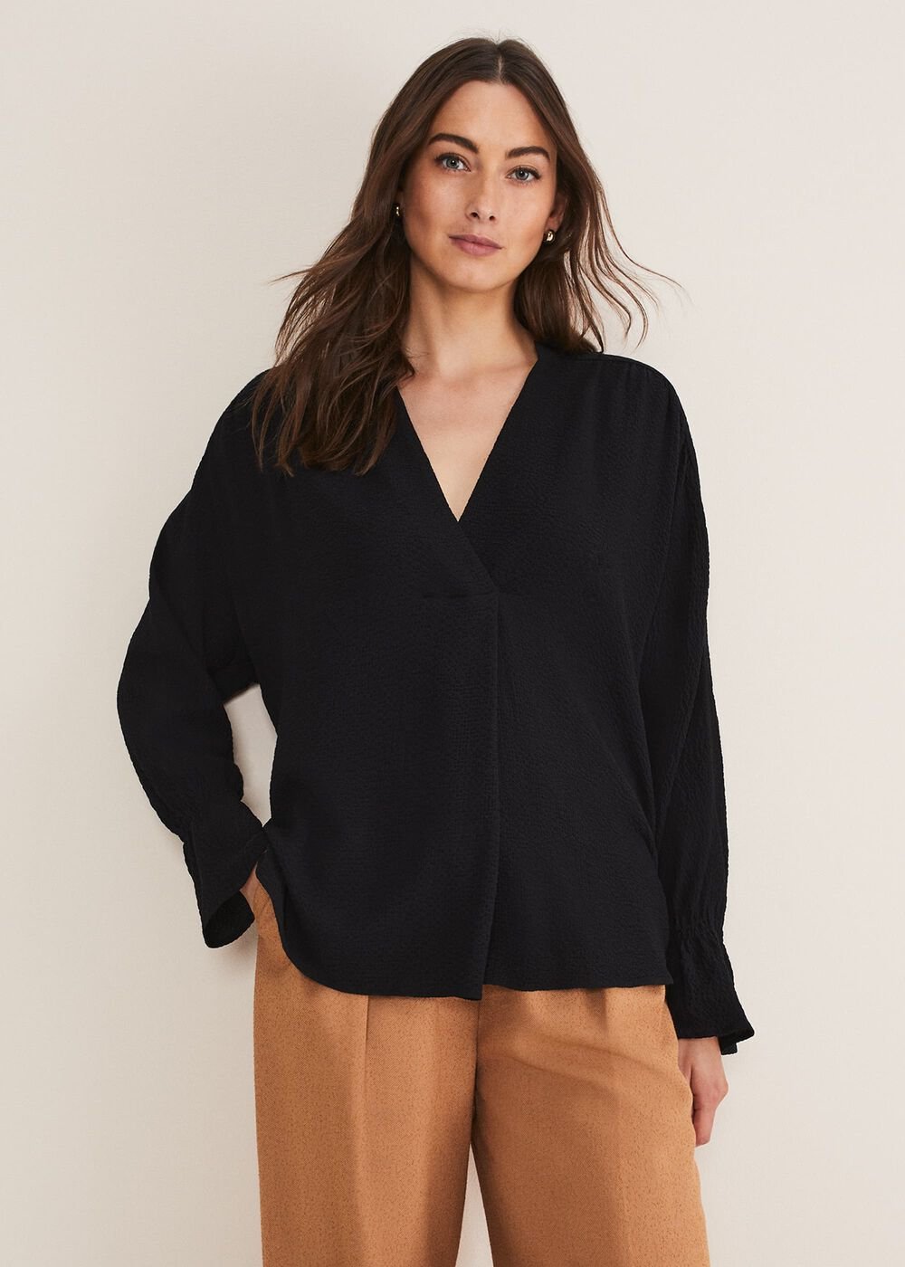 Kym V-Neck Textured Blouse - Black