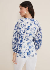 Alice Embroidered Blouse - Blue/White