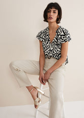 Dalia Ikat Ruffle Top - Black/Ivory