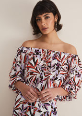 Tona Leaf Print Bardot Top - Multi-Coloured