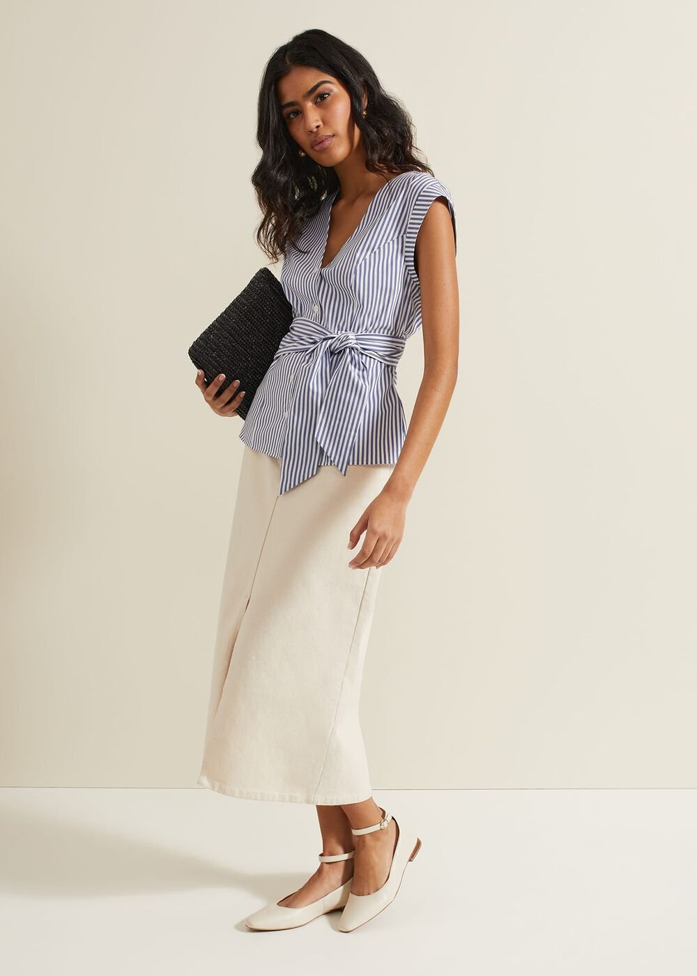 Sadie Striped Tie Waist Shirt - Blue