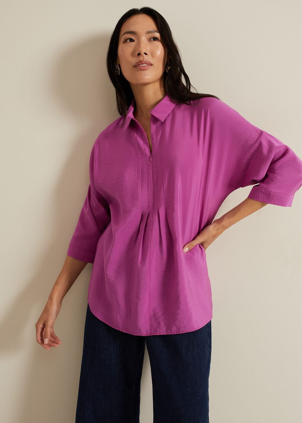 Cynthia Pleat Zip Front Shirt - Pink