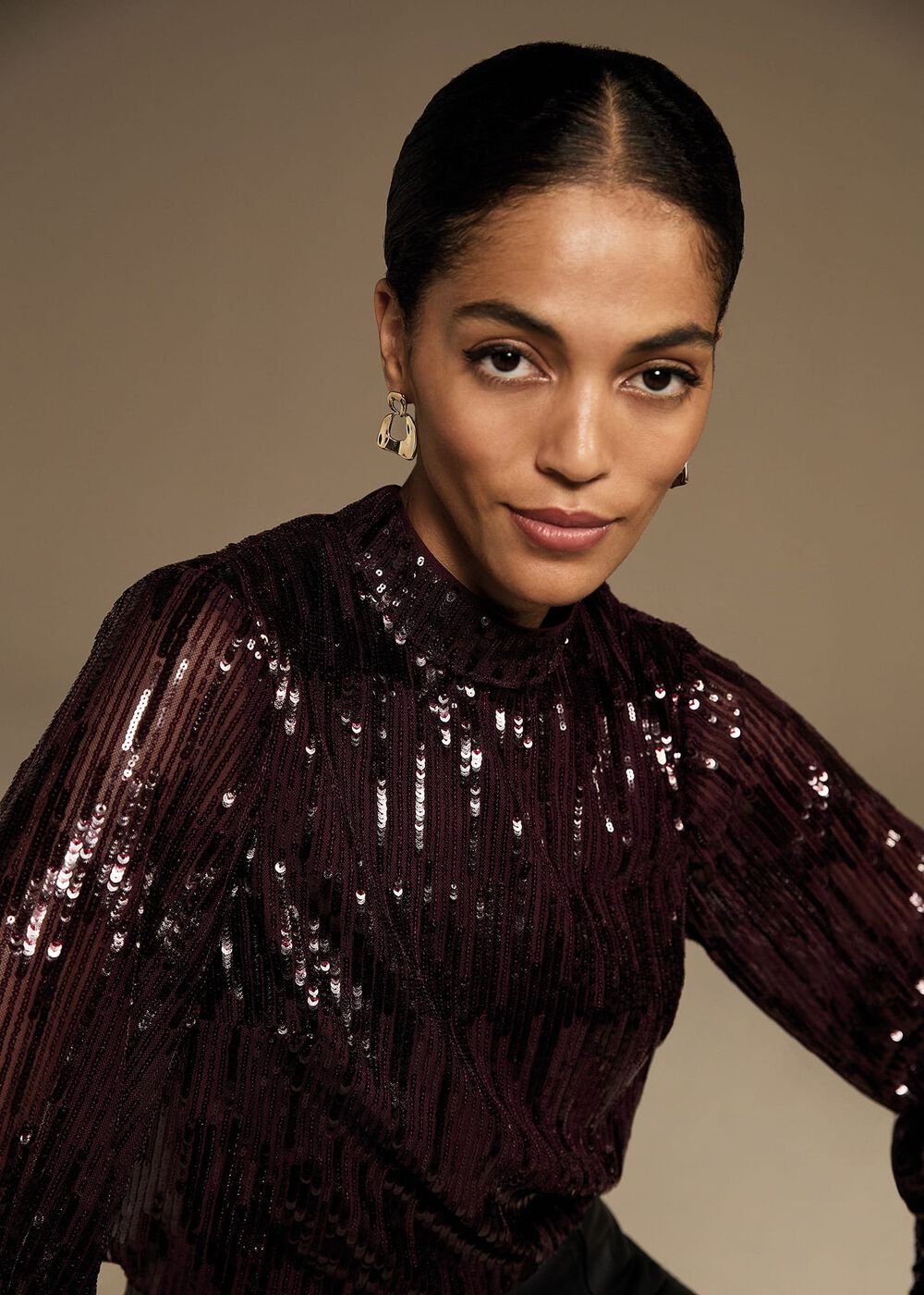 Hannah High Neck Sequin Top - Burgundy