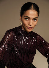 Hannah High Neck Sequin Top - Burgundy