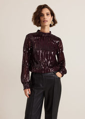 Hannah High Neck Sequin Top - Burgundy