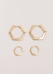 Gold Hexagon Hoop Earrings Set - Gold