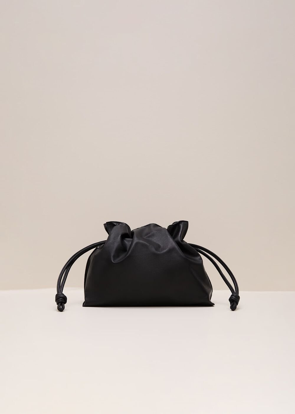 Black Leather Drawstring Soft Pouch Bag - Black