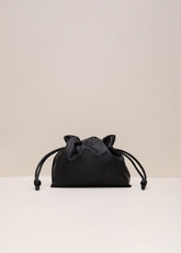 Black Leather Drawstring Soft Pouch Bag - Black