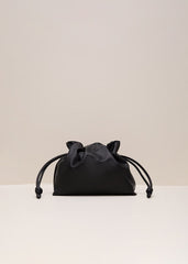 Black Leather Drawstring Soft Pouch Bag - Black