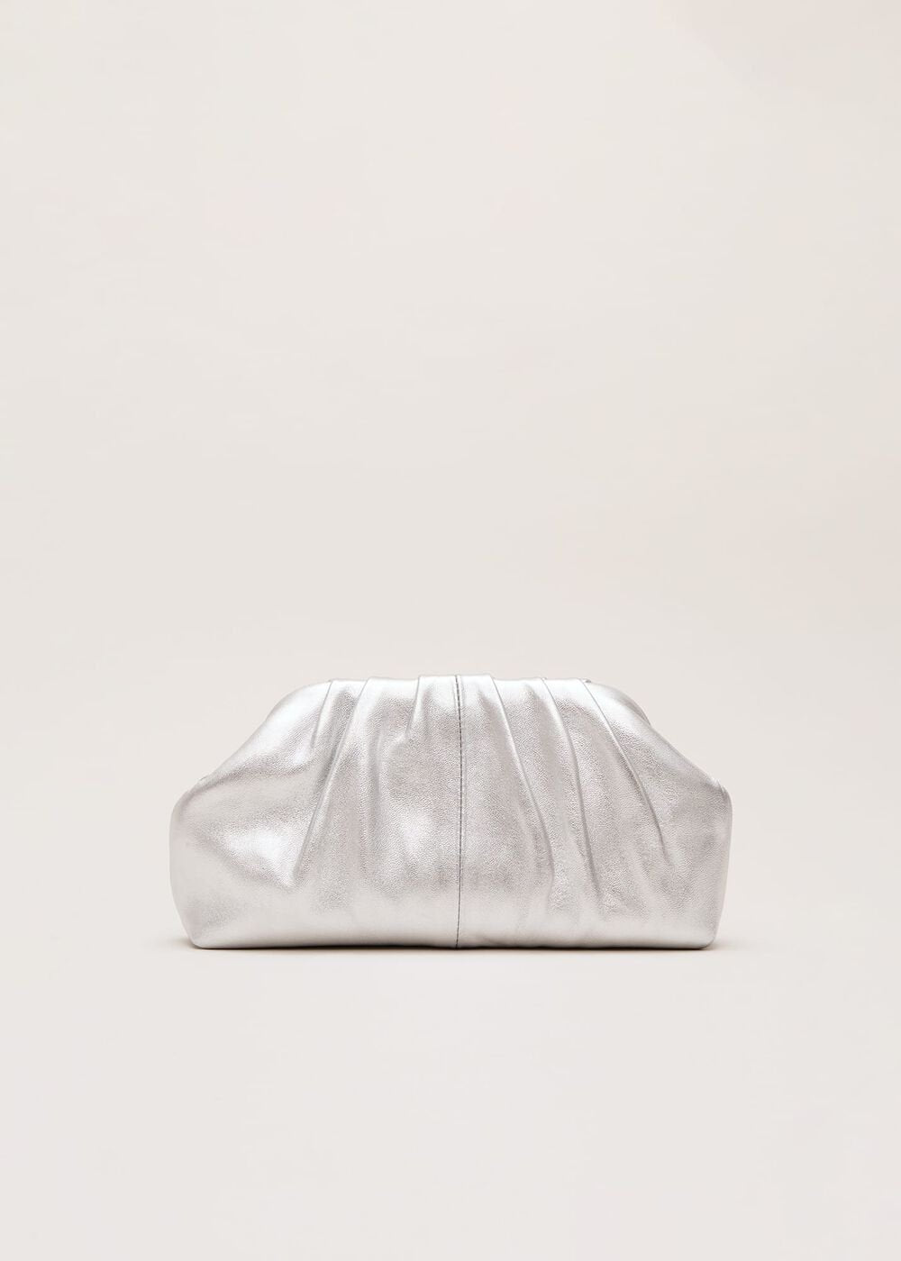Silver Leather Pouch Clutch Bag - Silver