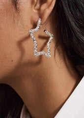 Silver Textured Large Star Hoop Earrings - Silver