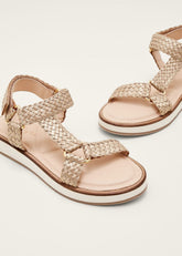 Leather Weave Velcro Sandal - Gold